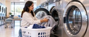 Customer loading a large-capacity washer at a laundromat in San Jose