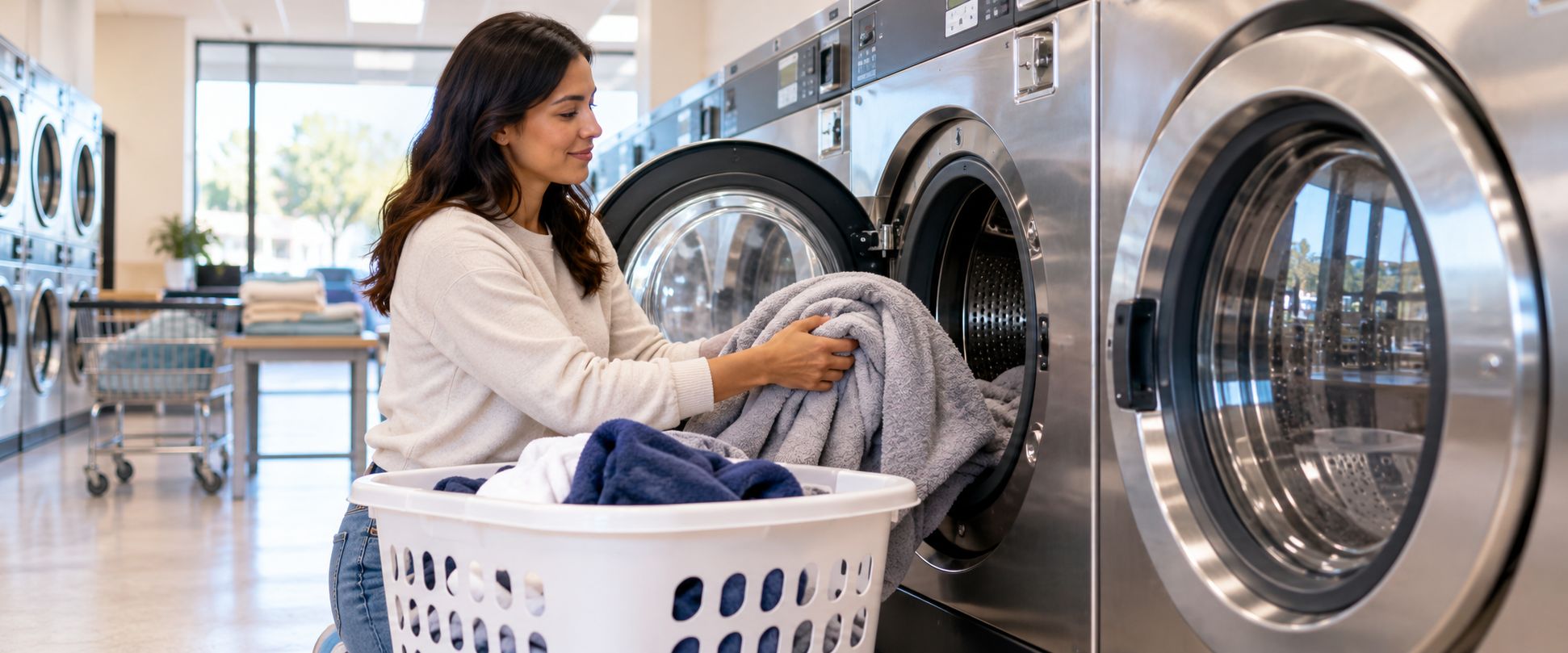 Customer loading a large-capacity washer at a laundromat in San Jose